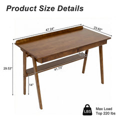 Solid Wood Home Office Desk with 2 Drawers & Storage Shelf – Mid Century Writing Desk