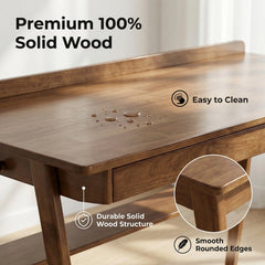 Solid Wood Home Office Desk with 2 Drawers & Storage Shelf – Mid Century Writing Desk