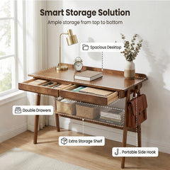 Solid Wood Home Office Desk with 2 Drawers & Storage Shelf – Mid Century Writing Desk