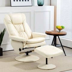 Swivel Recliner Chair with Ottoman Footrest, Cream Upholstered Reclining Lounge Chair