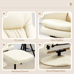 Swivel Recliner Chair with Ottoman Footrest, Cream Upholstered Reclining Lounge Chair