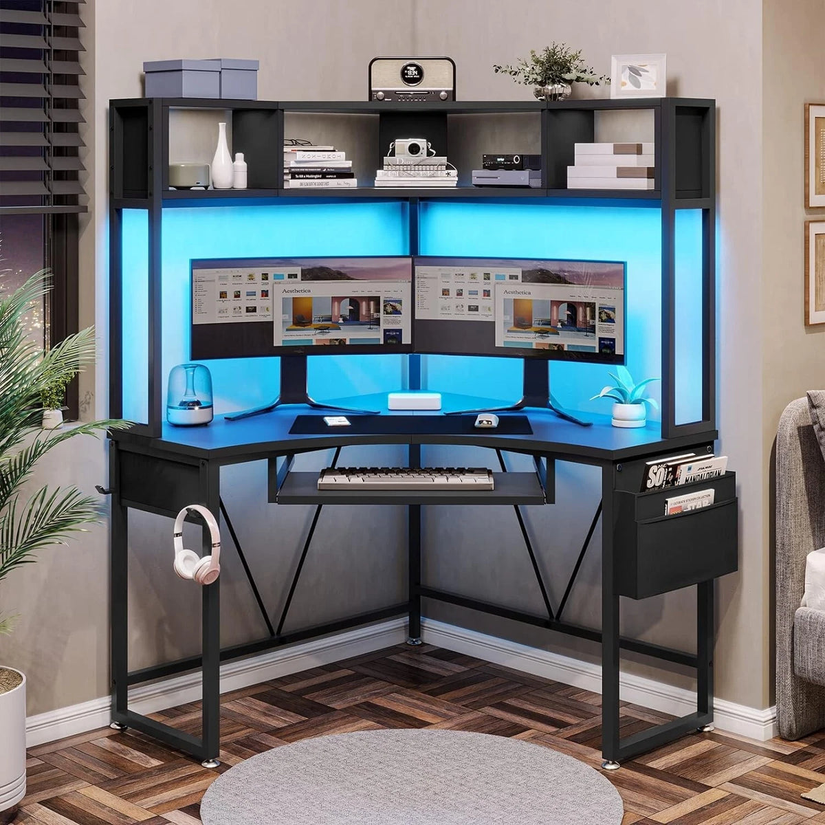 Triangle Corner Computer Desk with LED Lights & Keyboard Tray – Home Office Gaming Desk