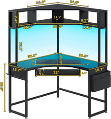 Triangle Corner Computer Desk with LED Lights & Keyboard Tray – Home Office Gaming Desk