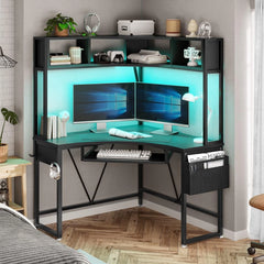 Triangle Corner Computer Desk with LED Lights & Keyboard Tray – Home Office Gaming Desk