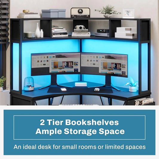 Triangle Corner Computer Desk with LED Lights & Keyboard Tray – Home Office Gaming Desk