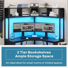 Triangle Corner Computer Desk with LED Lights & Keyboard Tray – Home Office Gaming Desk