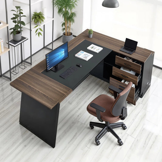 Uimoso 350 LB L-Shaped Executive Desk with Cabinet & Drawers – Large Home Office Computer Desk