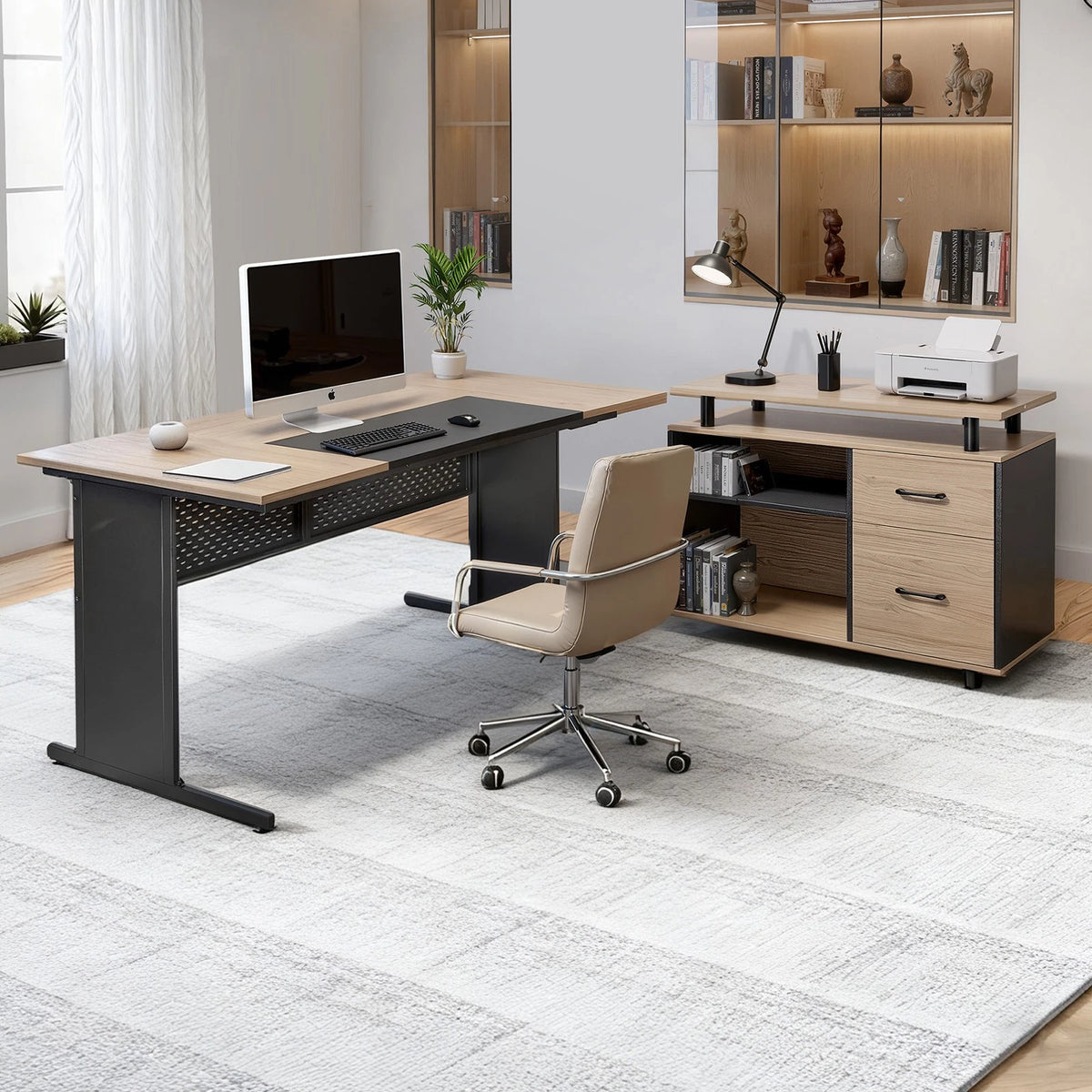 Uimoso 350 LB L-Shaped Executive Desk with Drawers & Storage Cabinet – Large Office Computer Desk