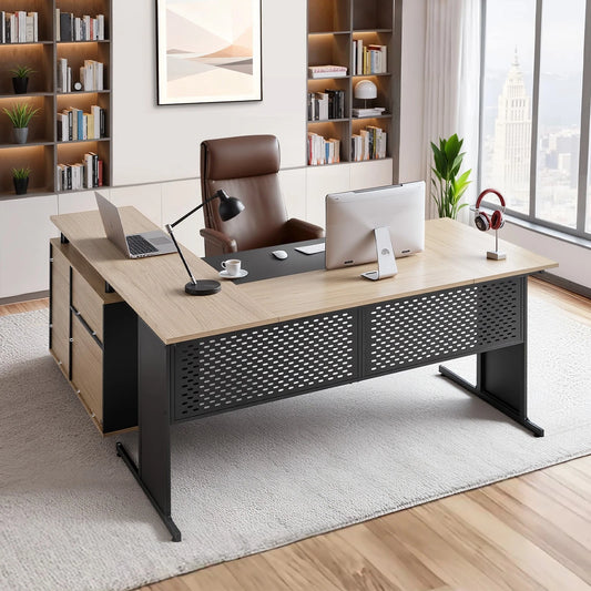 VEVOR L Shaped Reversible Executive Desk with Drawers & Storage Cabinet – 350 LB Heavy-Duty Office Desk