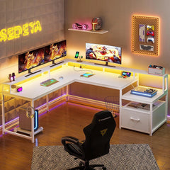White 66" L Shaped Gaming Desk with LED Light & Power Outlet – Home Office Computer Desk