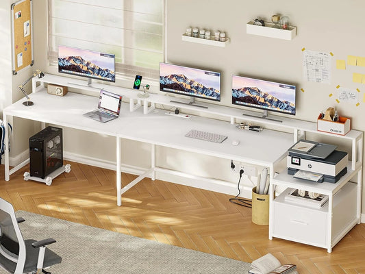White 66" L Shaped Gaming Desk with LED Light & Power Outlet – Home Office Computer Desk