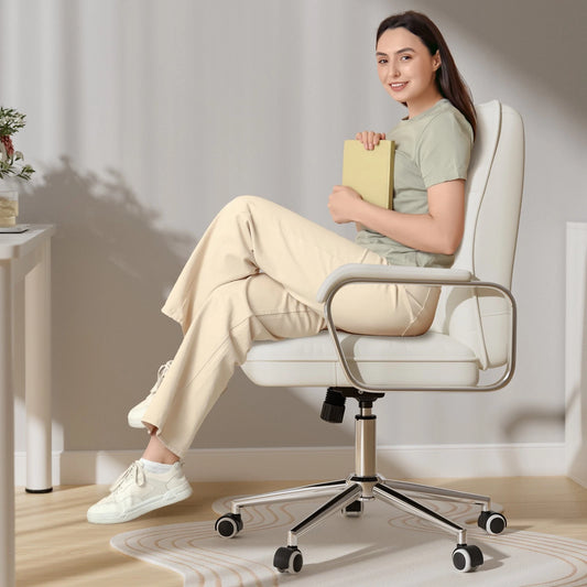 White Leather Ergonomic Office Chair – Adjustable Height Swivel Task Desk Chair