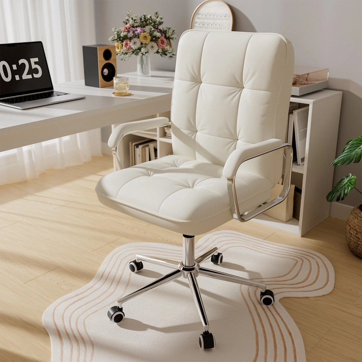 White Leather Ergonomic Office Chair – Adjustable Height Swivel Task Desk Chair