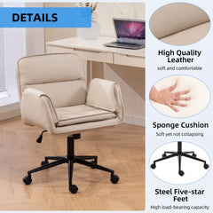 Wide Criss Cross Office Chair – Ergonomic Swivel Vanity Desk Chair with Wheels, Beige PU