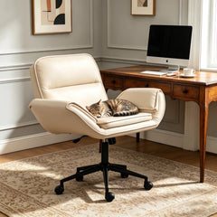 Wide Criss Cross Office Chair – Ergonomic Swivel Vanity Desk Chair with Wheels, Beige PU
