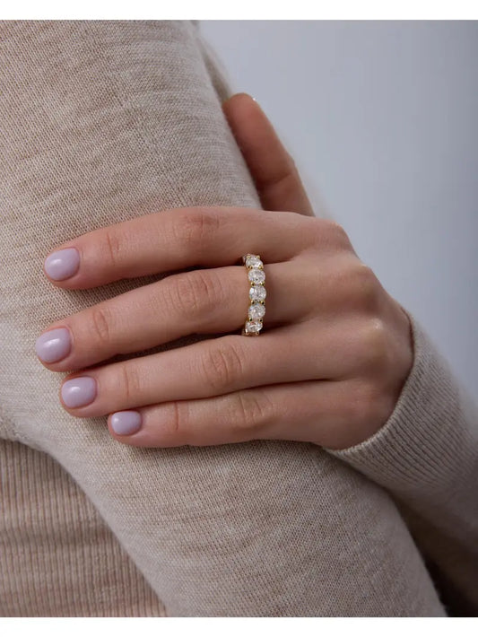 PAVOI 14K Gold Plated Eternity Ring for Women - Statement Eternity Band Rings with Round Cubic Zirconia - Stackable Wedding Band - Travel Bridal Jewelry