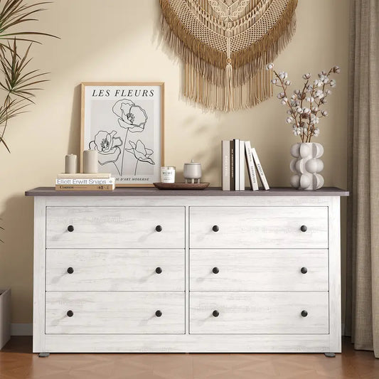 59in Wood Dresser 6 Drawer Storage Cabinet Vintage Dresser Chest of Drawers for Bedroom and Living Room