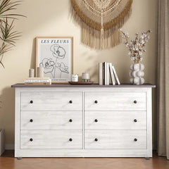 59in Wood Dresser 6 Drawer Storage Cabinet Vintage Dresser Chest of Drawers for Bedroom and Living Room