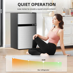 Kismile 3.2 Cu Ft 2-Door Compact Refrigerator with Freezer, Fridge Drawer, Adjustable Shelf, Thermostat – Silver for Bedroom, Office, Two-Door Mini Freezers