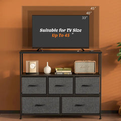 BROOKLYN Modern TV Stand - Sweet Indoor Furniture TV Console Cabinet with 5 Fabric Drawers, Open Storage Shelf, Living Room Decor, Room Storage for Bedroom, Apartment Furniture
