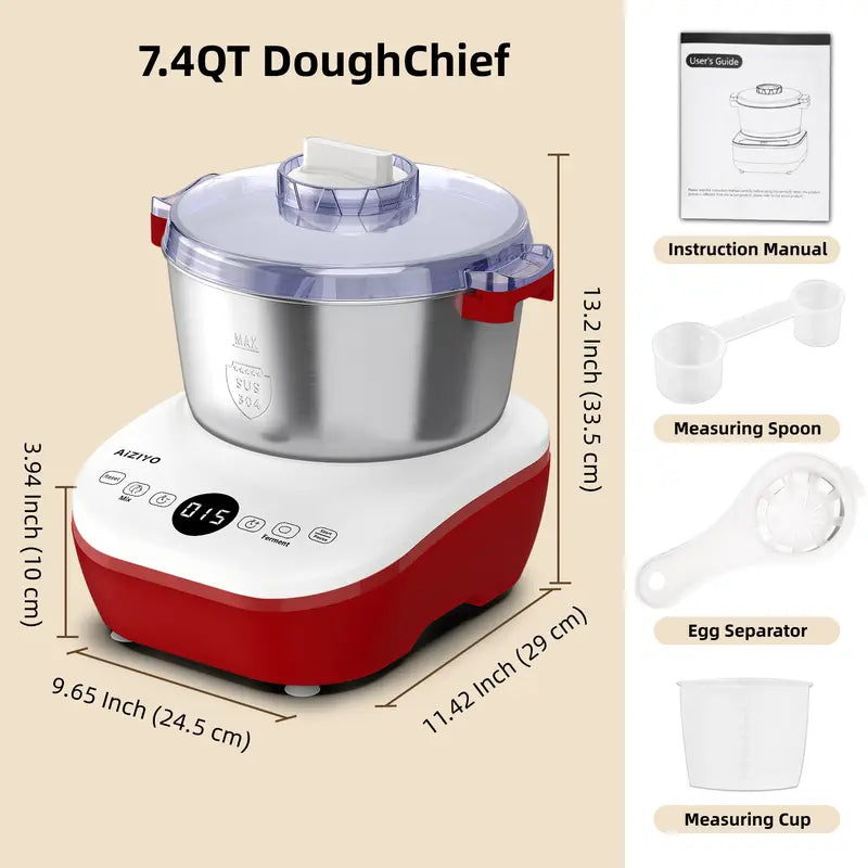 AIZIYO DoughChief 7Qt Elektrische Teigknetmaschine mit Fermentierfunktion, Teigmaschine mit Schüssel aus 304er Edelstahl, Mikrocomputersteuerung, nach oben gerichtetes Touchpanel, leicht zu reinigen für Brot & Pizza