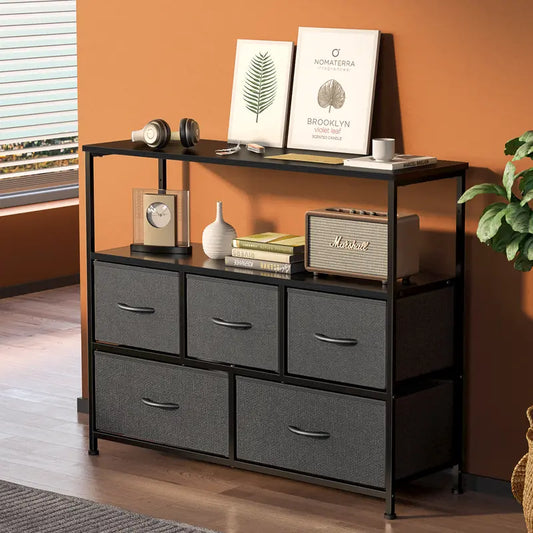BROOKLYN Modern TV Stand - Sweet Indoor Furniture TV Console Cabinet with 5 Fabric Drawers, Open Storage Shelf, Living Room Decor, Room Storage for Bedroom, Apartment Furniture