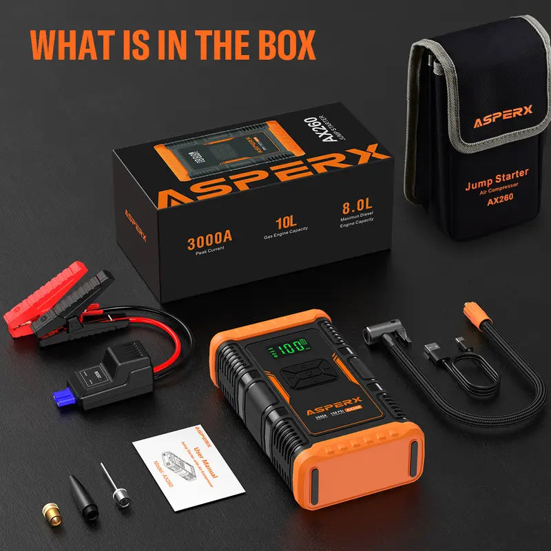 AsperX AX260 Jump Starter with Air Compressor, 3000A/150PSI  Car Battery Jump Starter, 12V Jumper Box Portable with Tire Inflator for Truck, Vehicle