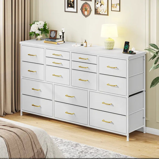 [24H-Support]Raybee TV Stand Dresser with 12/16 Drawers, Large Fabric Home Storage Organizer&Drawer Chest, Long Entertainment Center with Charging Station & USB Ports for Living Room, Bedroom, Apartment, Modern Media Console Cabinet Tower for Home Décor