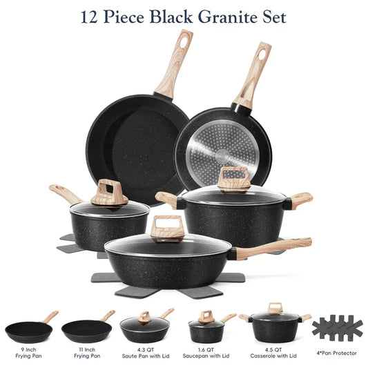 SODAY 12-Piece Non-Stick Cookware Set with Lid, Aluminium Core, Granite Coating, Induction Compatible, Easy Cleaning, Safe & Healthy Cooking