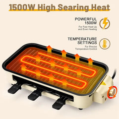 Gril Électrique Coréen BBQ Sans Fumée pour l'Intérieur, Plaque Amovible Antiadhésive, 5 Températures Réglables, Compatible Lave-Vaisselle, 1500W, Appareil de Cuisine
