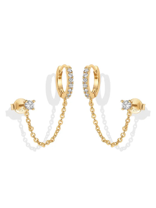 PAVOI 14K Gold Plated Chain Earrings for Women - Double Piercing Dangle Chain Huggie Hoop Earrings - Cubic Zirconia Single Stud Ear Cuff Earrings for Women