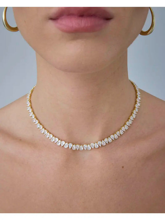 PAVOI 14K Gold Plated Pear Cubic Zirconia Tennis Necklace for Women – Tennis Chain Necklaces – Sizes 15" and 18"