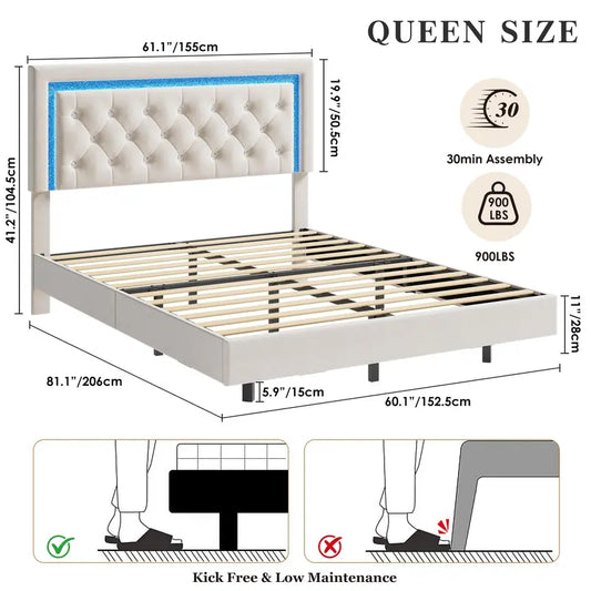 Garvee Floating Queen Platform Bed Frame with Smart LED Lights, Modern Upholstered Diamond Headboard, Sturdy Wood Slats, Noise-Free Design, Easy Assembly, Durable Bedroom Furniture