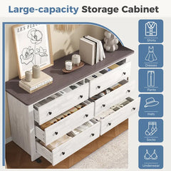 59in Wood Dresser 6 Drawer Storage Cabinet Vintage Dresser Chest of Drawers for Bedroom and Living Room