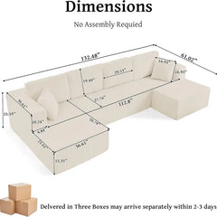 【New Year Special Discount】 Niccae 132'' Oversized U-Shaped Modular Sofa, 3 PCS, Modern Corner Cloud Sofa with Plush Corduroy, Full Foam Lounge, Double Chaise & 6 Cushions for Living Room