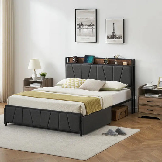 Garvee Queen Size Bed Frame with Storage Headboard and 2 Drawers, Linen Upholstered Platform Bed Frame with Charging Station, Heavy Duty, No Box Spring Needed, Easy Assembly, Noise Free, Grey