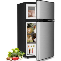 Kismile 3.2 Cu Ft 2-Door Compact Refrigerator with Freezer, Fridge Drawer, Adjustable Shelf, Thermostat – Silver for Bedroom, Office, Two-Door Mini Freezers