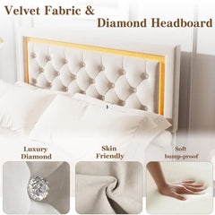 Garvee Floating Queen Platform Bed Frame with Smart LED Lights, Modern Upholstered Diamond Headboard, Sturdy Wood Slats, Noise-Free Design, Easy Assembly, Durable Bedroom Furniture