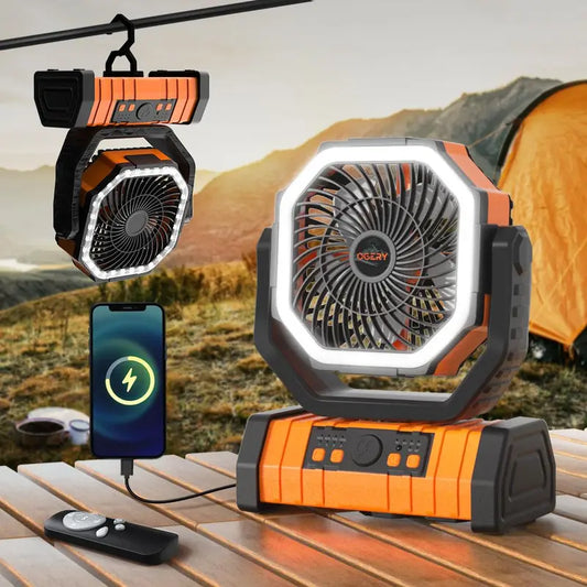 OGERY Rechargeable Camping Fan with LED Light, Portable Multi-functional Fan with 360° Rotating Hook, Oscillating Emergency Camping Fan Cordless Rotatable Battery Powered Lightweight summerwins