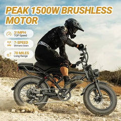 [VOLTVOGU]   1500W Electric Off-Road Bike: 20-Inch Full-Suspension E-Motorcycle with 48V 18Ah 40-70 Mile RangeAh Removable Battery, 31MPH Top Speed, 2-Seater, LED Headlights & 20" All Terrain Fat Tire UL 2849  Ebike Electric Motorcycle
