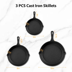 LOVEWE 3-Piece Cast Iron Skillet Set, Pre-Seasoned Frying Pans, Nonstick & Ergonomic Handles-Oven, Grill, Campfire, Indution, Stove Safe-Easy to Use Cookware outdoorfun