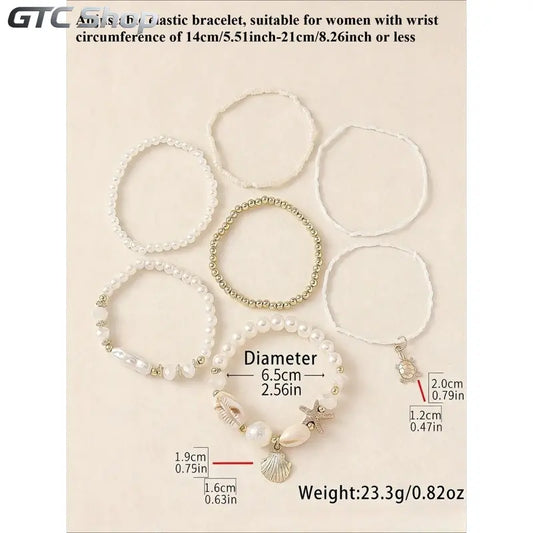 Women's Boho Shell & Starfish Bracelet Set, Exquisite Trendy Bracelet, Artificial Pearl Party Vacation Jewelry, Beach Style Handmade Accessories, Faux Pearl