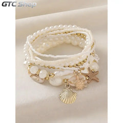 Women's Boho Shell & Starfish Bracelet Set, Exquisite Trendy Bracelet, Artificial Pearl Party Vacation Jewelry, Beach Style Handmade Accessories, Faux Pearl