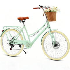 24" Beach Cruisers for Women, NEORIVER Bikes for Women with Rattan Basket, 7-Speed & Step-Through Frame
