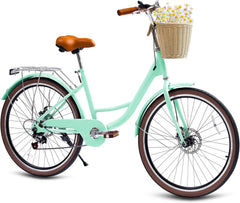 24" Beach Cruisers for Women, NEORIVER Bikes for Women with Rattan Basket, 7-Speed & Step-Through Frame