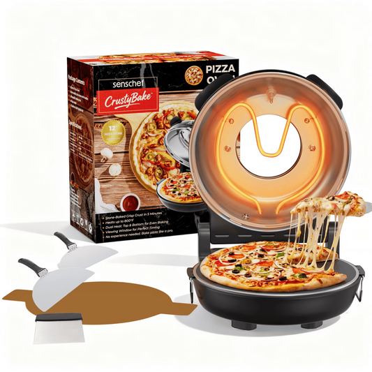 SENSCHEF 12-inch CrustyBake Beginner's Glazed Stone Pizza Oven: Quick 800°F Heating, Easy-Clean, Recipe Book & All Tools Included - Great for First-Time Pizza Makers