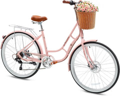 24" Beach Cruisers for Women, NEORIVER Bikes for Women with Rattan Basket, 7-Speed & Step-Through Frame