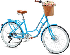 24" Beach Cruisers for Women, NEORIVER Bikes for Women with Rattan Basket, 7-Speed & Step-Through Frame