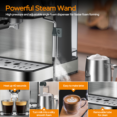 Plum Chef 20 Bar Espresso Machine with Milk Frother Steam Wand, Professional Coffee Maker for Cappuccino & Latte, ESE POD Compatible, 1.5L Removable Water Tank, Stainless Steel
