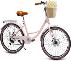 24" Beach Cruisers for Women, NEORIVER Bikes for Women with Rattan Basket, 7-Speed & Step-Through Frame